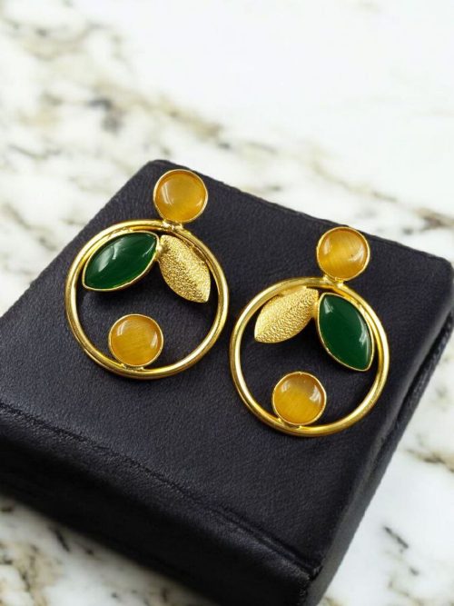 Gold plated leaf and circle earrings with Monalisa stone