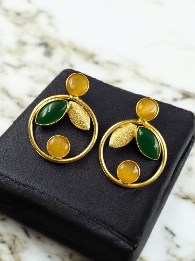 Bulk 798 Gold Plated Leaf & Circle Design Earrings with Monalisa Stone – Ethnic & Western Look Amazing Jewelry - "Yellow-Green"