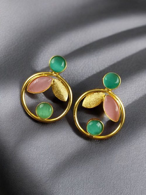 Gold plated leaf and circle earrings with Monalisa stone
