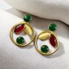 Gold plated leaf and circle earrings with Monalisa stone