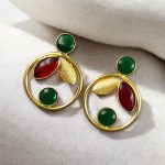 Gold Plated Leaf & Circle Design Earrings with Monalisa Stone – Ethnic & Western Look Amazing Jewelry - "Red-Green"