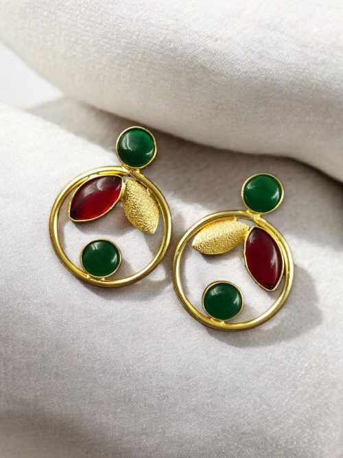 Gold plated leaf and circle earrings with Monalisa stone