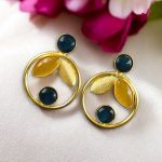 Gold Plated Leaf & Circle Design Earrings with Monalisa Stone – Ethnic & Western Look Amazing Jewelry - "Yellow-Blue"