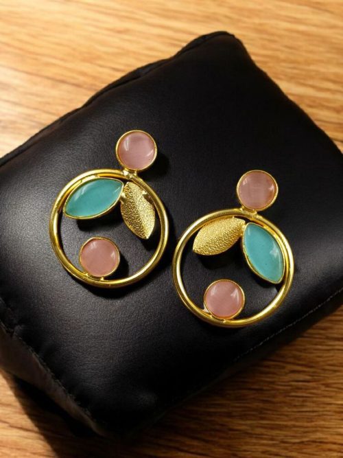 Gold plated leaf and circle design earrings with Monalisa stone