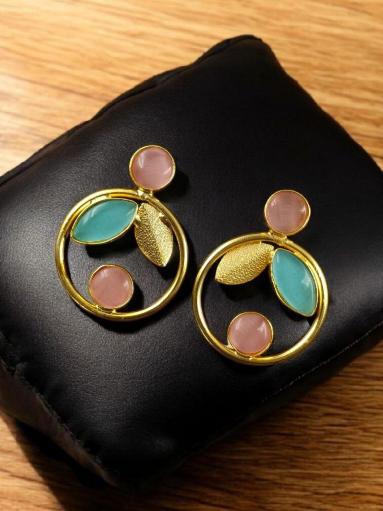 Bulk 790 Gold Plated Leaf & Circle Design Earrings with Monalisa Stone – Ethnic & Western Look Amazing Jewelry - "Baby Pink-Aqua"