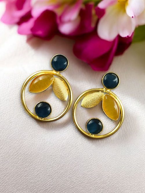 Gold plated leaf and circle earrings with Monalisa stone