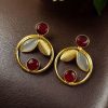 Gold plated leaf and circle earrings with Monalisa stone