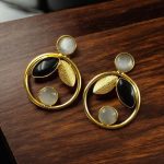 Gold Plated Leaf & Circle Design Earrings with Monalisa Stone – Ethnic & Western Look Amazing Jewelry - "Black-Grey"