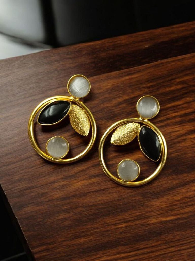 Bulk 782 Gold Plated Leaf & Circle Design Earrings with Monalisa Stone – Ethnic & Western Look Amazing Jewelry - "Black-Grey"