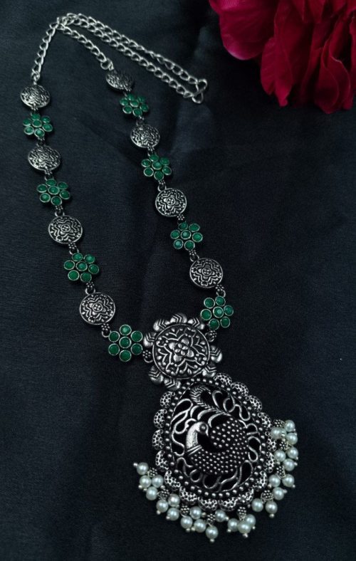 Oxidized silver plated peacock necklace with pearl and stone detailing
