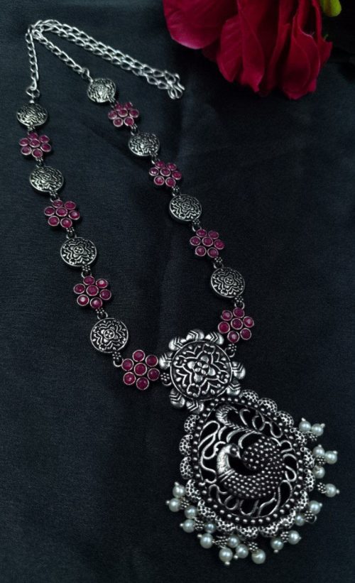 Oxidized silver plated peacock necklace with pearl and stone detailing