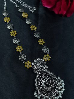 Oxidized silver plated peacock necklace with pearl and stone detailing