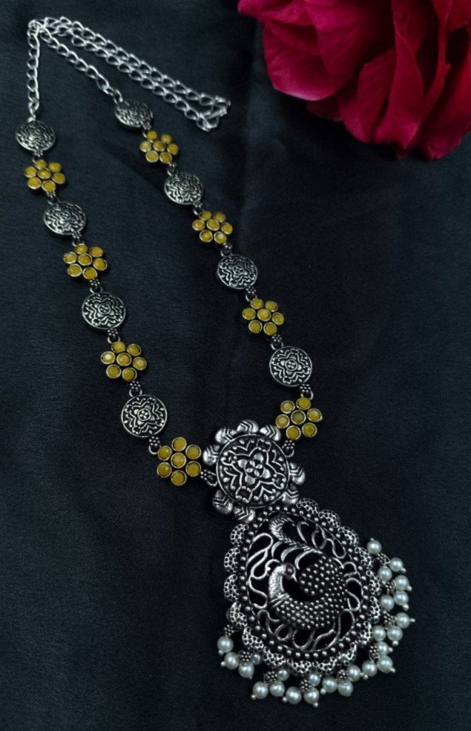 Bulk 778 Handcrafted Best Oxidized Peacock Necklace – Silver Plated with Pearl and Stone Detailing - "Yellow"