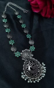 Handcrafted Best Oxidized Peacock Necklace – Silver Plated with Pearl and Stone Detailing - color: "Mint"