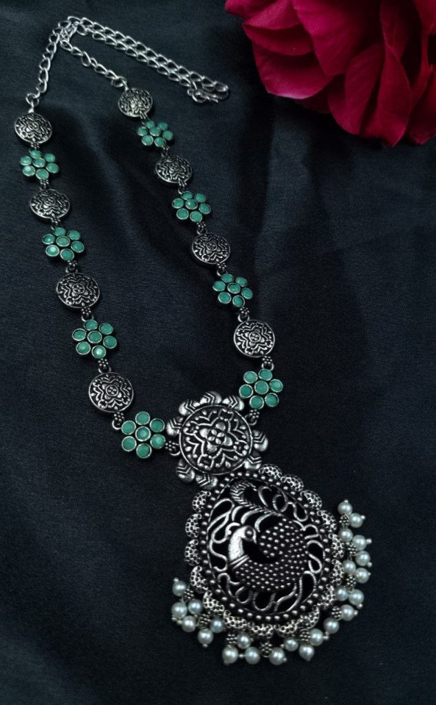 Bulk 780 Handcrafted Best Oxidized Peacock Necklace – Silver Plated with Pearl and Stone Detailing - "Mint"