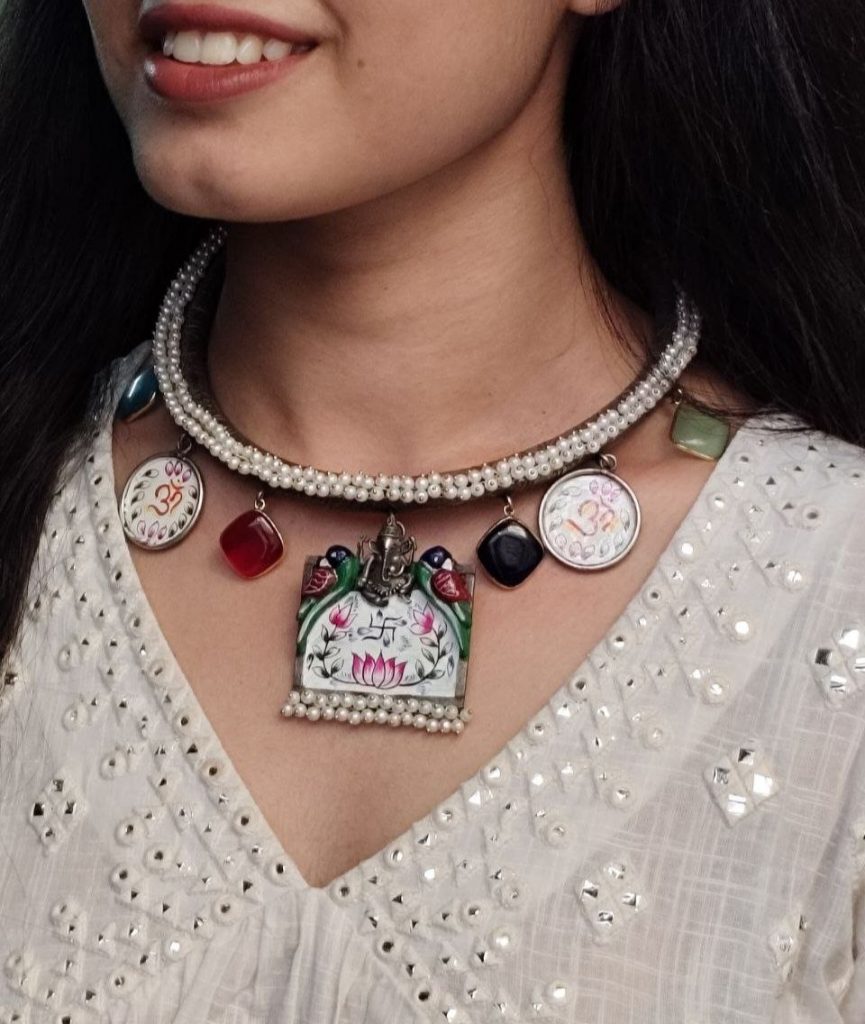 Bulk 776 Oxidized Beautiful Ganesha Hasli Necklace | Parrot Design Monalisa Stone & Pearl Work Jewelry