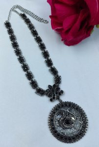 Oxidized Peacock Necklace with Stone and Floral Art – Best Traditional Silver Plated Jewelry