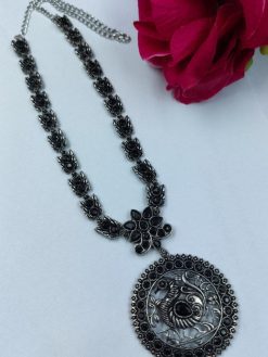 Oxidized Peacock Necklace with Stone and Floral Art