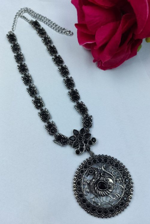 Oxidized Peacock Necklace with Stone and Floral Art
