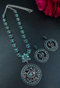Traditional Silver Peacock Necklace | Oxidized Floral Art & Stone Detailing Beautiful Jewelry - color: "Mint"