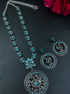 Traditional Silver Peacock Necklace with Floral Art and Stones