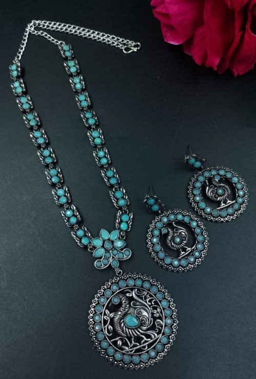 Traditional Silver Peacock Necklace with Floral Art and Stones