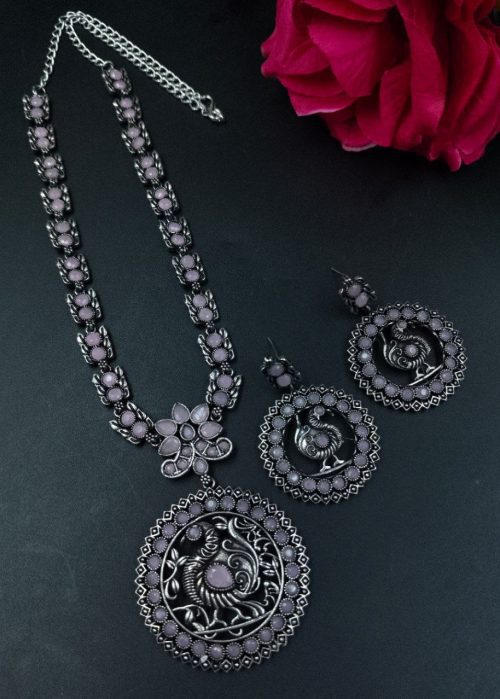 Traditional Silver Peacock Necklace with Floral Art and Stones