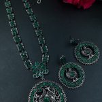 Traditional Silver Peacock Necklace | Oxidized Floral Art & Stone Detailing Beautiful Jewelry - "Green"