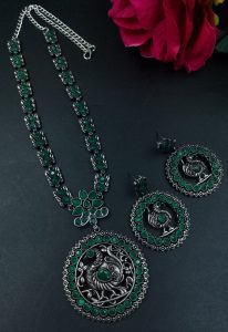 Traditional Silver Peacock Necklace | Oxidized Floral Art & Stone Detailing Beautiful Jewelry - color: "Green"