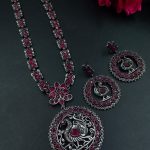 Traditional Silver Peacock Necklace | Oxidized Floral Art & Stone Detailing Beautiful Jewelry - "Red"