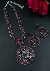 Traditional Silver Peacock Necklace | Oxidized Floral Art & Stone Detailing Beautiful Jewelry - color: "Red"