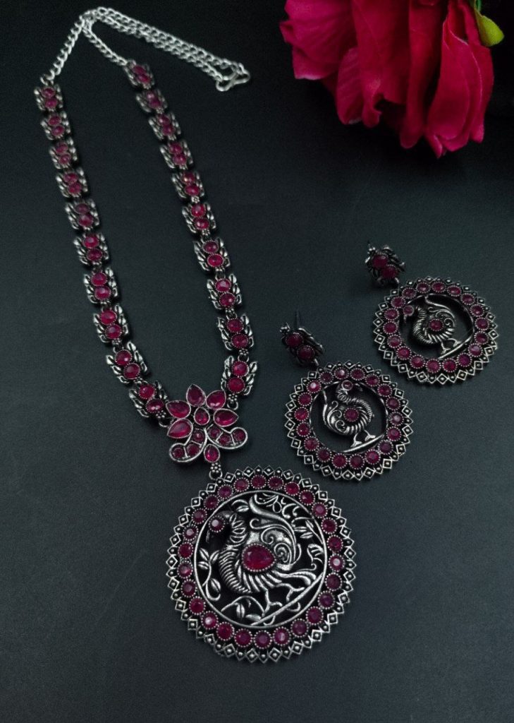Bulk 764 Traditional Silver Peacock Necklace | Oxidized Floral Art & Stone Detailing Beautiful Jewelry - "Red"