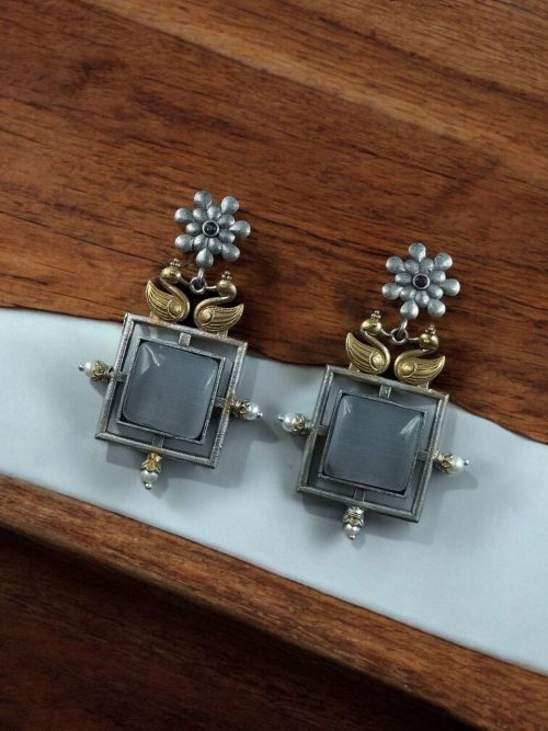 Lightweight Two Tone Dangler Earrings with Monalisa Stone and Bird Design