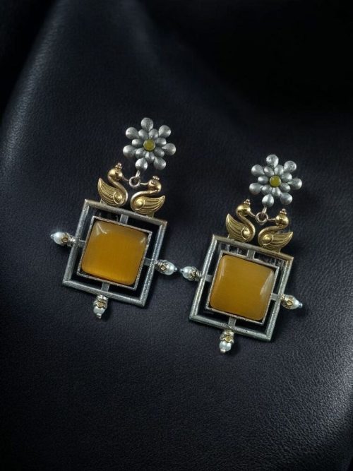 Lightweight Two Tone Dangler Earrings with Monalisa Stone and Bird Design