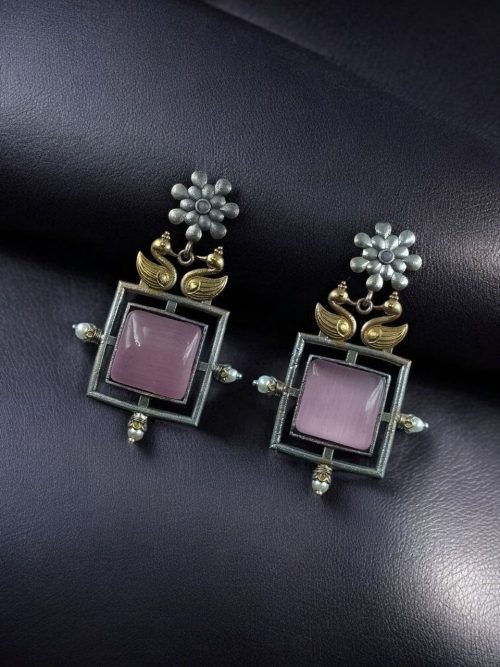Lightweight Two Tone Dangler Earrings with Monalisa Stone and Bird Design