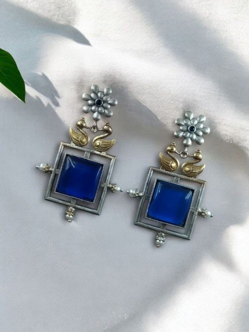 Lightweight Two Tone Dangler Earrings with Monalisa Stone and Bird Design