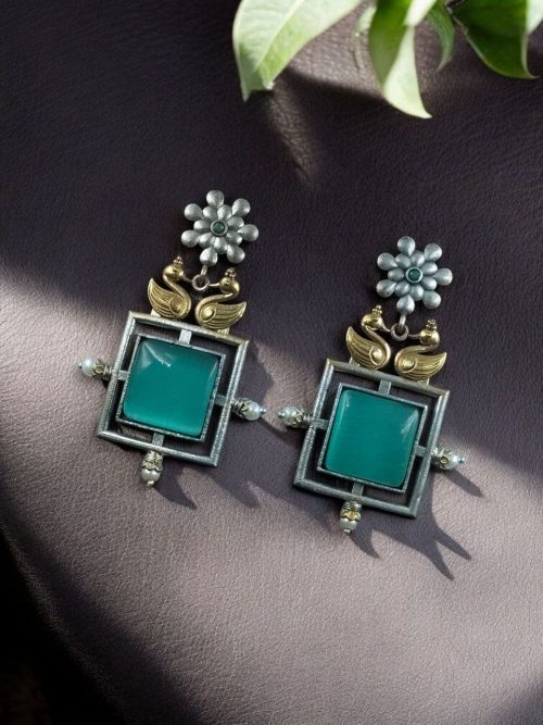 Lightweight Two Tone Dangler Earrings with Monalisa Stone and Bird Design