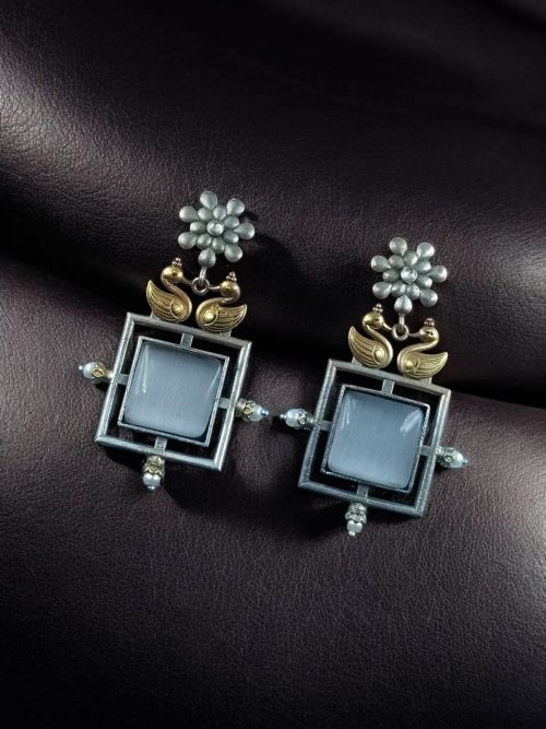 Lightweight Two Tone Dangler Earrings with Monalisa Stone and Bird Design