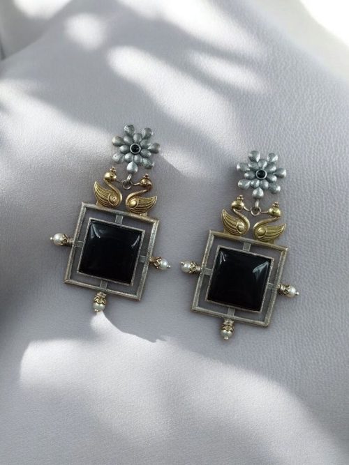 Lightweight Two Tone Dangler Earrings with Monalisa Stone and Bird Design