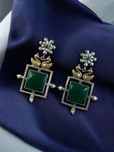 Lightweight Two-Tone Earrings | Western Look Monalisa Stone Best Bird Design Dangler Jewelry - color: "Green"