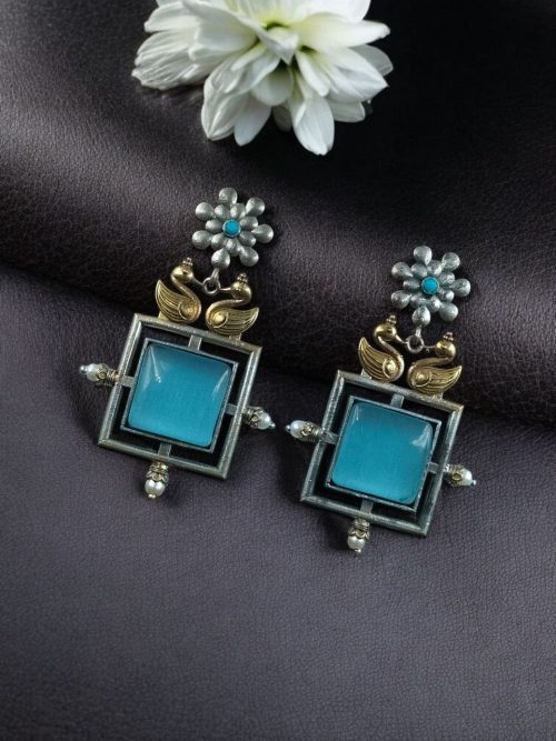 Lightweight Two Tone Dangler Earrings with Monalisa Stone and Bird Design