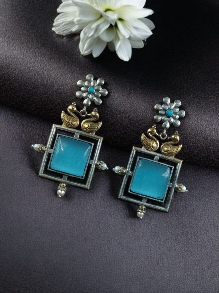 Bulk 756 Lightweight Two-Tone Earrings | Western Look Monalisa Stone Best Bird Design Dangler Jewelry - "Aqua"