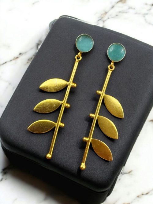 Gold plated leaf earrings with Monalisa stone in western style