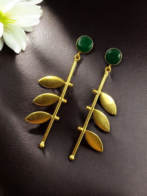 Gold plated leaf earrings with Monalisa stone in western style
