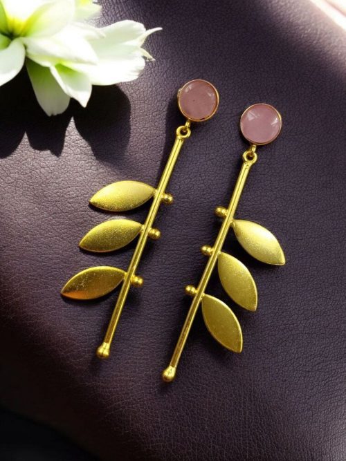 Gold plated leaf earrings with Monalisa stone in western style