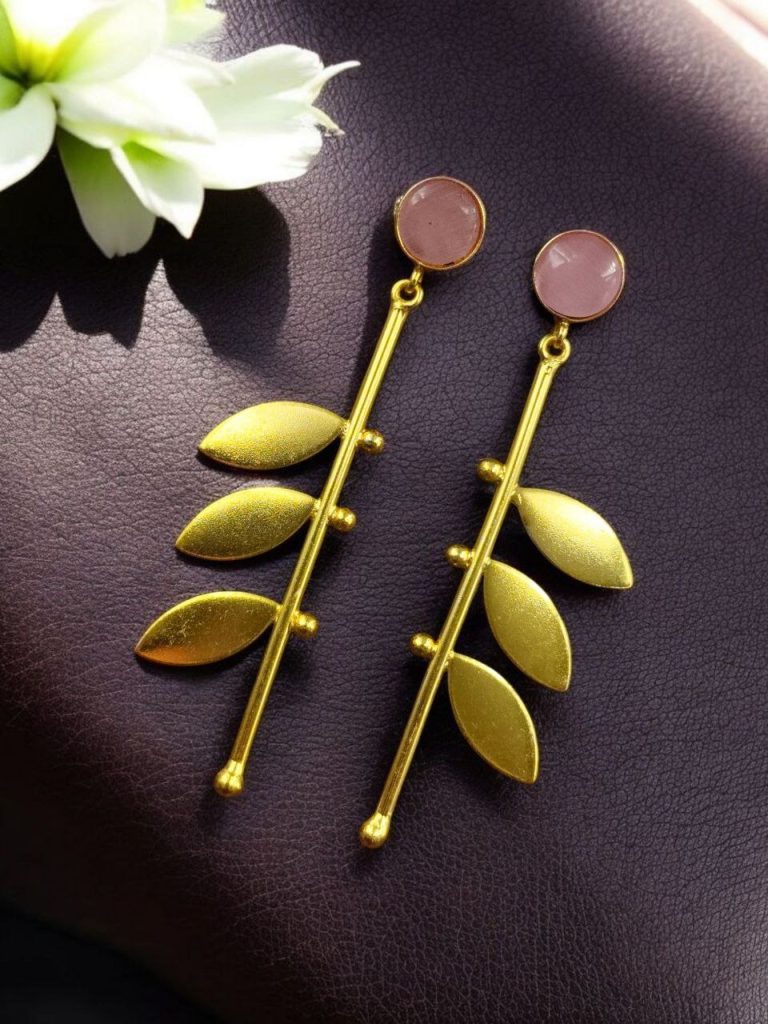 Bulk 744 Stylish Western Look alike Leaf Earrings | Gold Plated with Monalisa Stone Beautiful Jewelry - "Baby Pink"