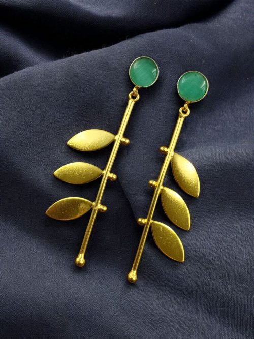 Gold plated leaf earrings with Monalisa stone in western style