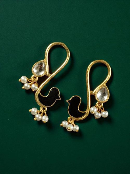 Gold plated enamel bird earrings with stone and pearl design