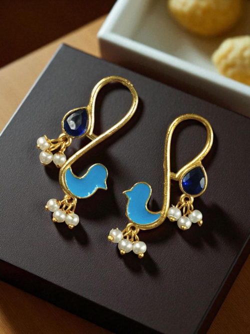 Gold plated enamel bird earrings with stone and pearl design