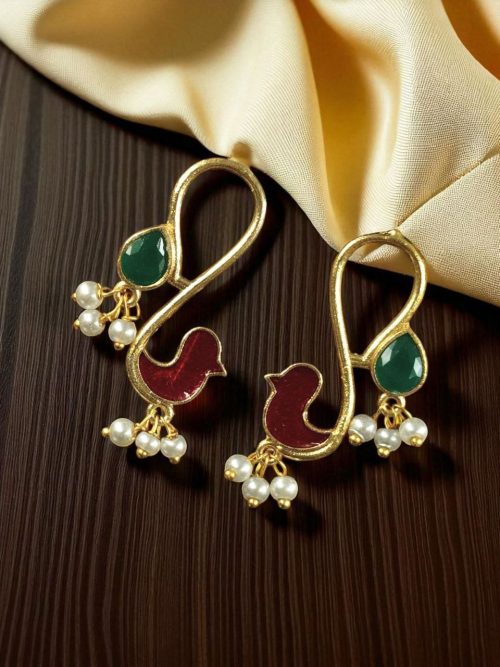 Gold plated enamel bird earrings with stone and pearl design